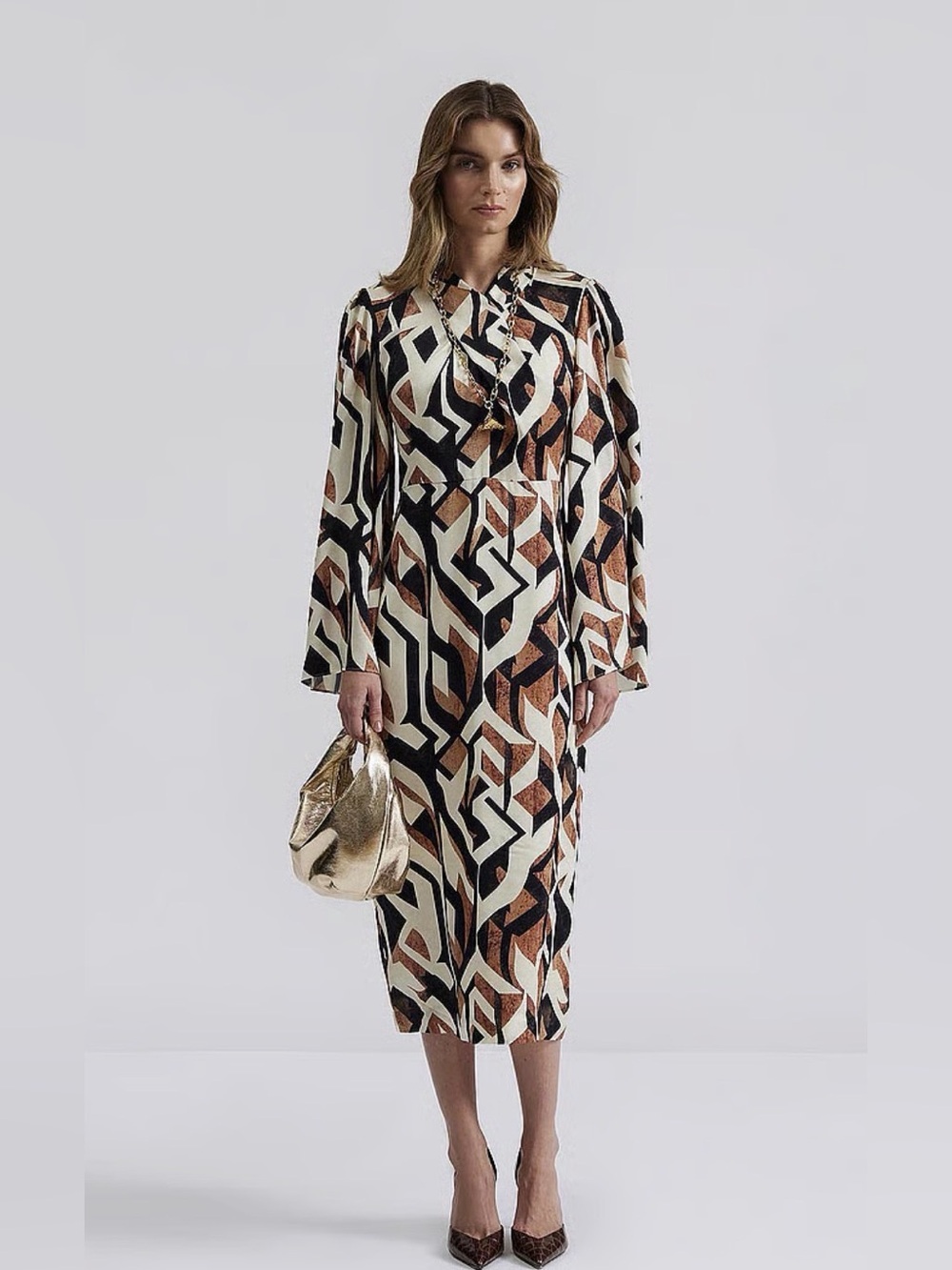 By Malina Geometric Print Long Sleeve Midi Dress - Black, Cream & Copper size S